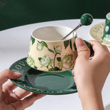 2X High-Fired Ceramic Cup & Saucer Set 300ml Vintage Floral - GREEN