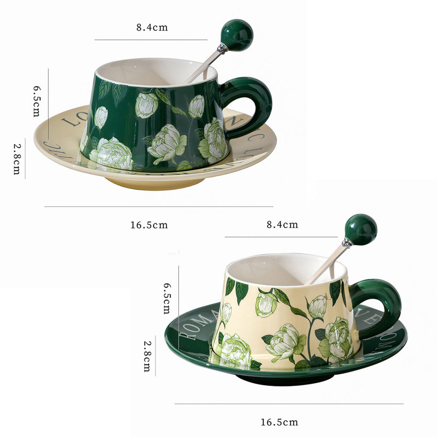 2X High-Fired Ceramic Cup & Saucer Set 300ml Vintage Floral - GREEN