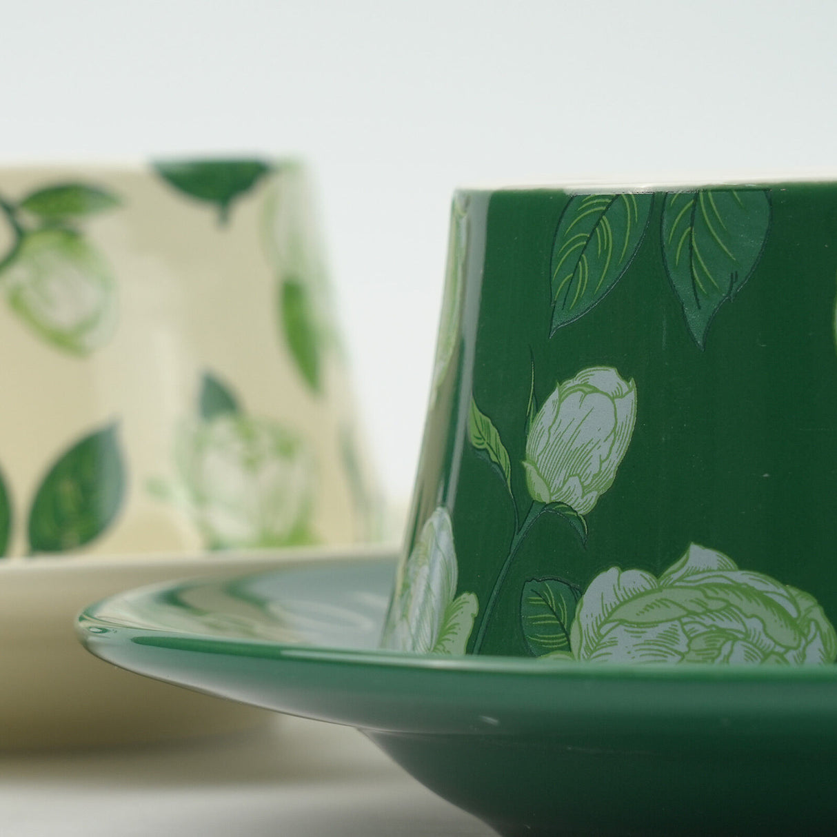 2X High-Fired Ceramic Cup & Saucer Set 300ml Vintage Floral - GREEN