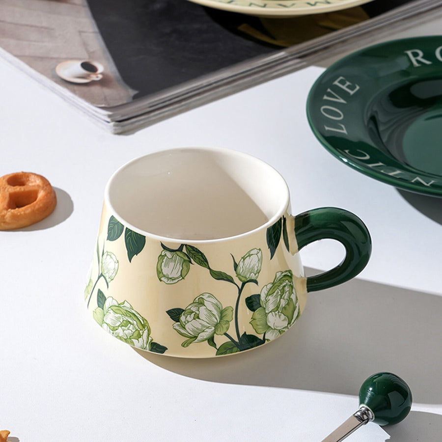 2X High-Fired Ceramic Cup & Saucer Set 300ml Vintage Floral - GREEN