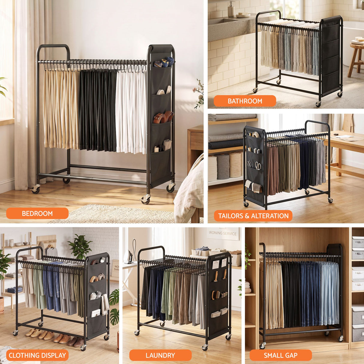 Artiss Pants Trolley Mobile Clothes Rack Clothing Stand with 30 Hangers Wheels Storage Organizer Bag