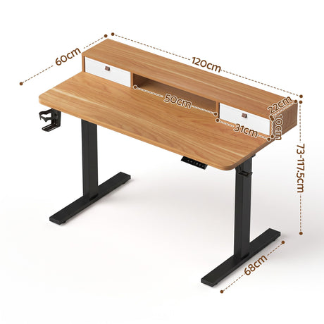 Artiss electric standing desk with oak desktop and black frame, 120cm, integrated monitor shelf