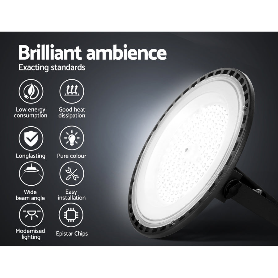 Leier 100W LED high bay light, slim round aluminium industrial lamp, power cord and plug