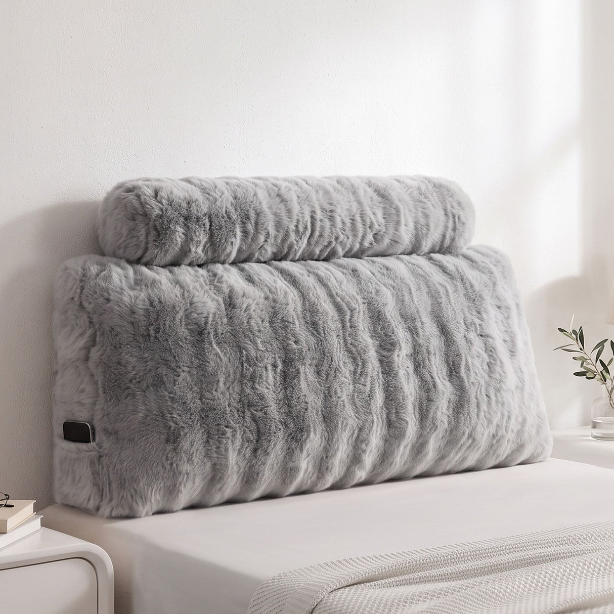 Giselle Wedge Pillow Headboard, Easy Wash Zipper Cover & Anti-Flat Foam, Couch Lumbar Support for Dorm Readers, 340g Faux Rabbit Fur with Dual Pockets, King Single