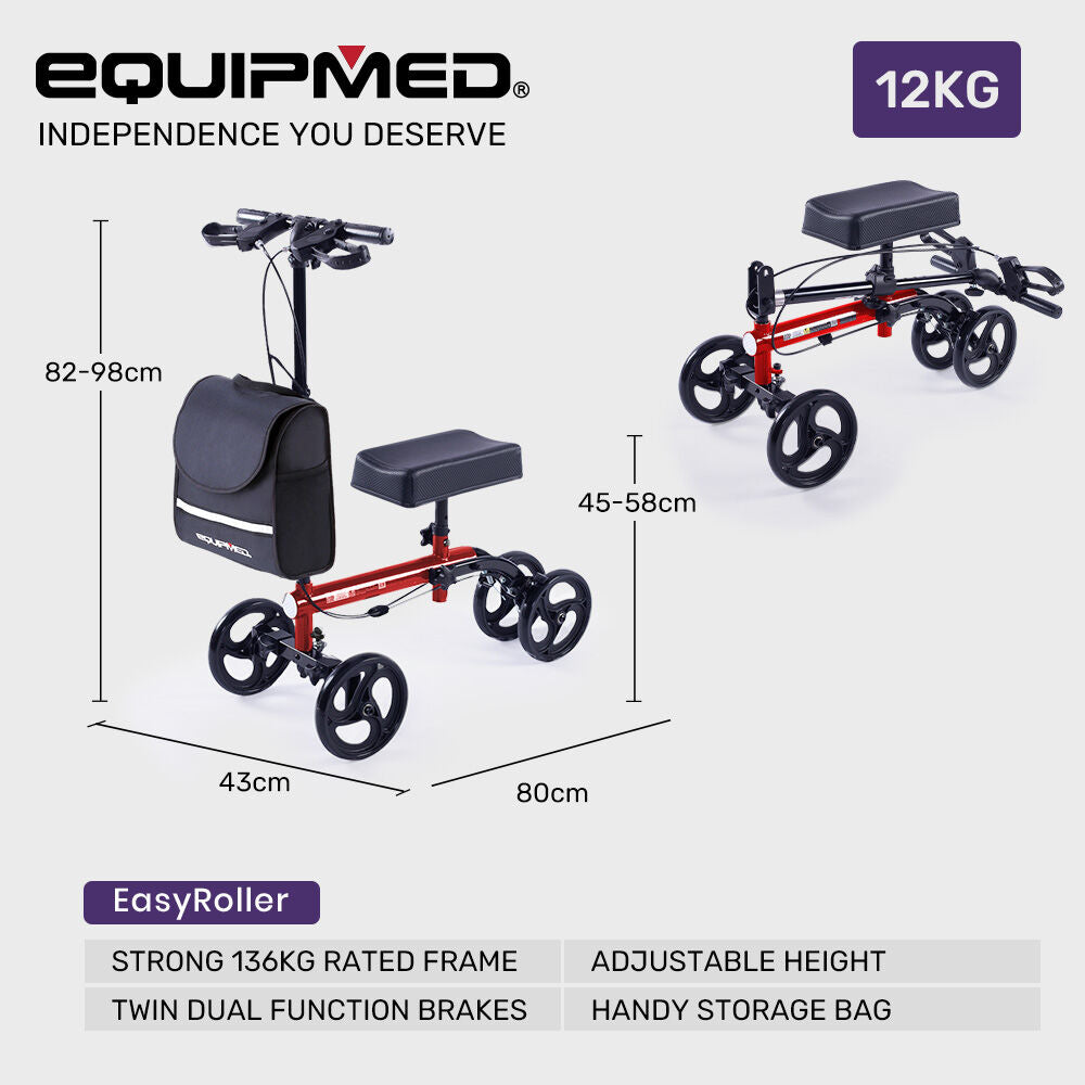 Equipmed Knee Scooter Walker, Dual Brakes - Bag - Broken Leg Ankle Foot Mobility - Crutches Alternative - Red