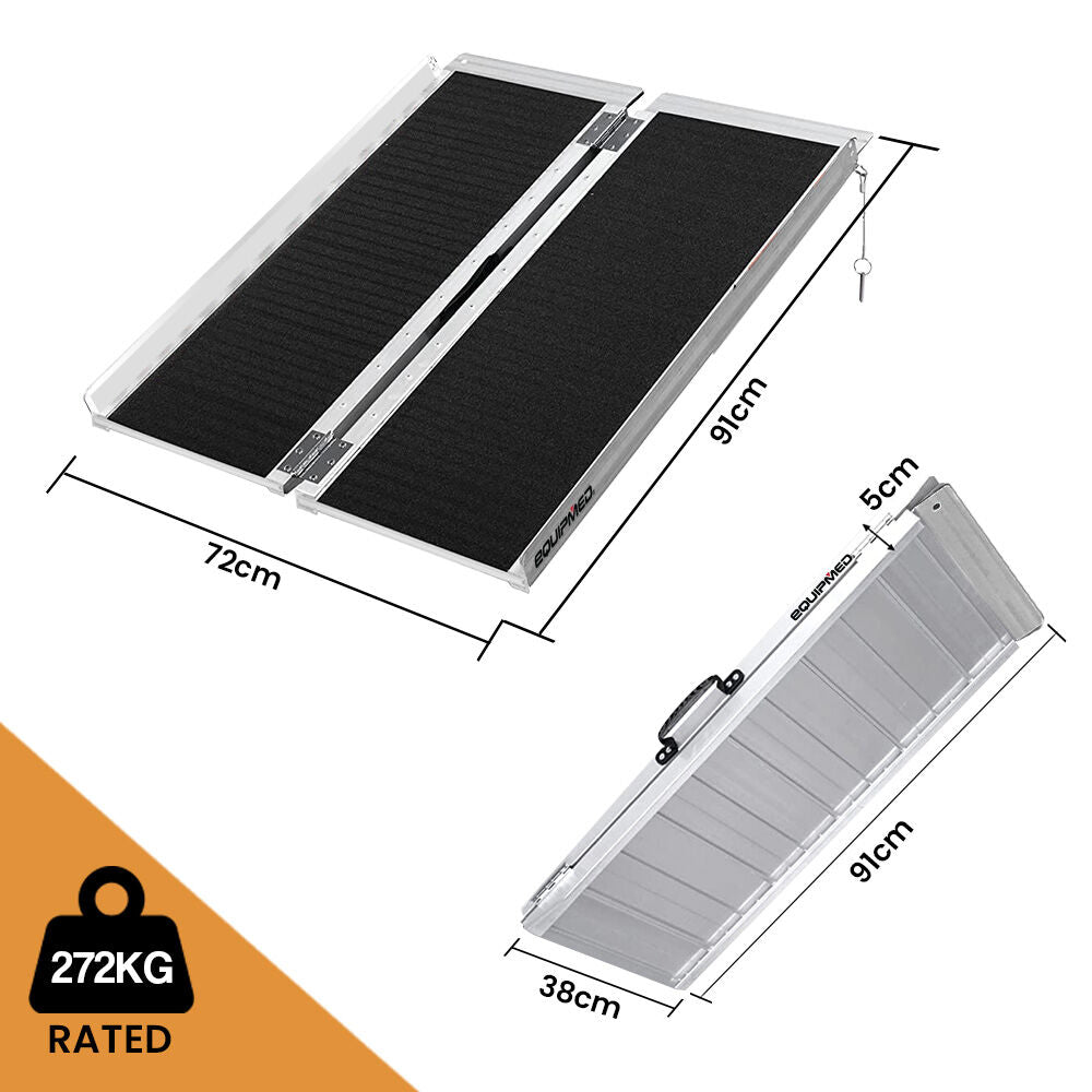 EQUIPMED 91cm Portable Folding Aluminium Access Ramp, 272kg Rated, Black Ultra-Grip, for Wheelchair, Mobility Scooter