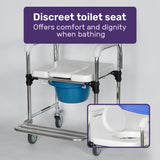 Equipmed Commode Shower Chair, Over Toilet or Bedside 136kg Capacity Aluminium frame with Wheels, White/Blue - Close-Up Angle