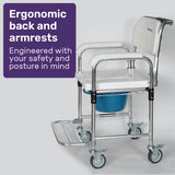 Equipmed Commode Shower Chair, Over Toilet or Bedside 136kg Capacity Aluminium frame with Wheels, White/Blue - Top-Down View