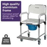 Equipmed Commode Shower Chair, Over Toilet or Bedside 136kg Capacity Aluminium frame with Wheels, White/Blue - Front View