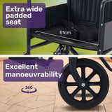 EQUIPMED Folding Transit Manual Wheelchair, Attendant Propelled, Steel Frame, Wide Seat, Comfortable for S-XL, 114kg Capacity, Park Brakes, Transport - Close-Up Angle