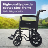 EQUIPMED Folding Transit Manual Wheelchair, Attendant Propelled, Steel Frame, Wide Seat, Comfortable for S-XL, 114kg Capacity, Park Brakes, Transport - Front View