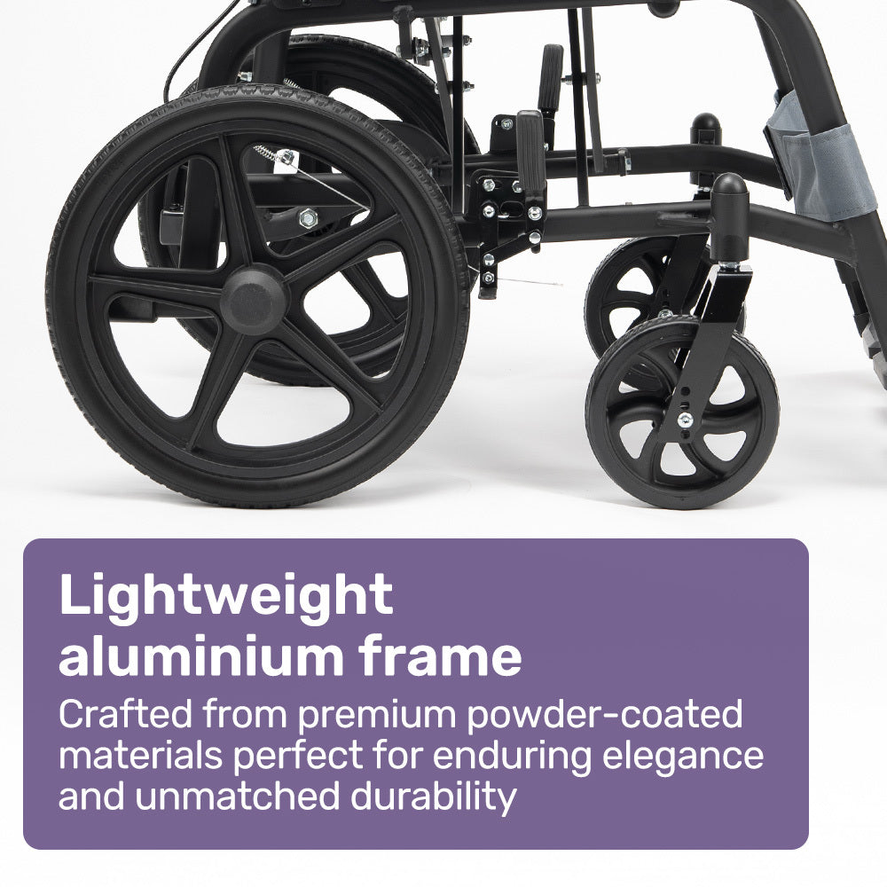 Equipmed Folding Transit Wheelchair, Lightweight Aluminium for Easy Transport, Grey