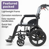 Equipmed Folding Transit Wheelchair, Lightweight Aluminium for Easy Transport, Grey - Side View