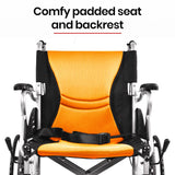 EQUIPMED Folding Aluminium Wheelchair, 20' Wheels, Park Brakes, 100kg Capacity, Orange - Close-Up Angle