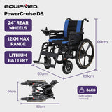 EQUIPMED Electric Wheelchair Folding, Long Range, Airline Approved, Lithium Battery, 24' Light Rear Wheels, Matte Black/Blue - Rear View