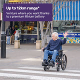 EQUIPMED Electric Wheelchair Folding, Long Range, Airline Approved, Lithium Battery, 24' Light Rear Wheels, Matte Black/Blue - Top-Down View