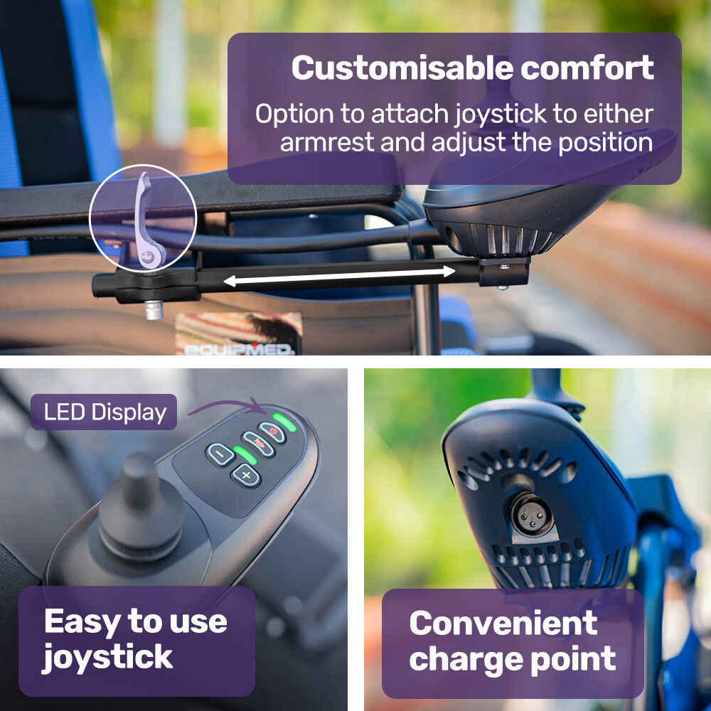 EQUIPMED Electric Wheelchair Folding, Long Range, Airline Approved, Lithium Battery, 24' Light Rear Wheels, Matte Black/Blue