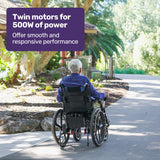 EQUIPMED Electric Wheelchair Folding, Long Range, Airline Approved, Lithium Battery, 24' Light Rear Wheels, Matte Black/Blue - Side View