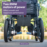 EQUIPMED Power Electric Wheelchair, Wide Bariatric Chair, Comfortable for S-XL, Long Range, Recline Adjustment, Lithium Battery, 16' Wheels, Headrest, Folding - Close-Up Angle