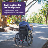 EQUIPMED Electric Wheelchair Folding, Airline Approved, Long Range, Lithium Battery, 24' Rear Wheels, Black - Side View