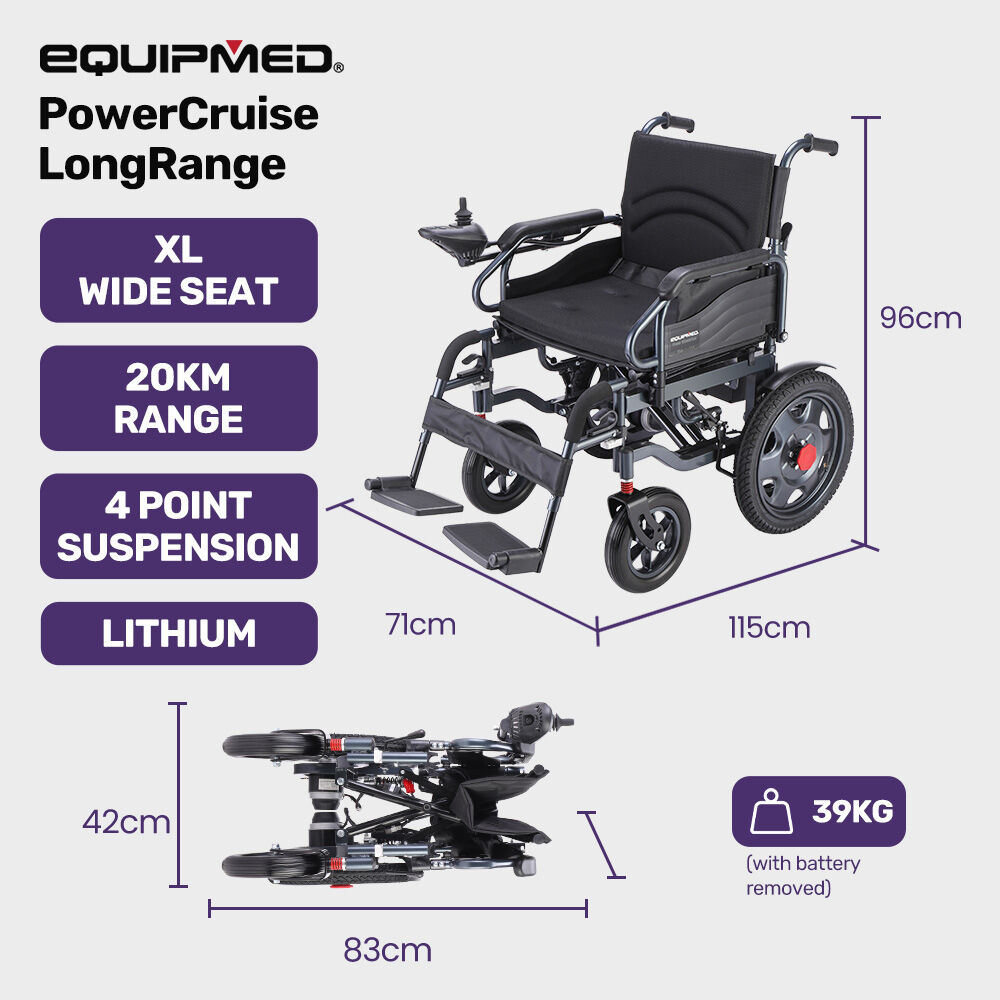 EQUIPMED Electric Folding Wheelchair, Wide Bariatric Chair Seat, Comfortable for S-XL, Long Range, Lithium Battery, Black