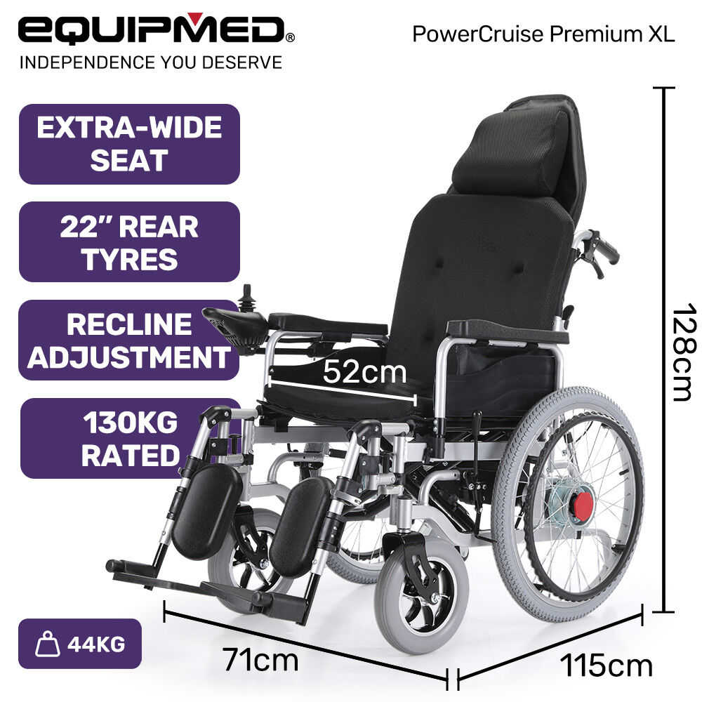 EQUIPMED Power Electric Wheelchair, XL Wide Bariatric Chair Seat, Long Range, Airline Approved, Recline Adjustment, Lithium Battery, 22' Wheels, Headrest, Black
