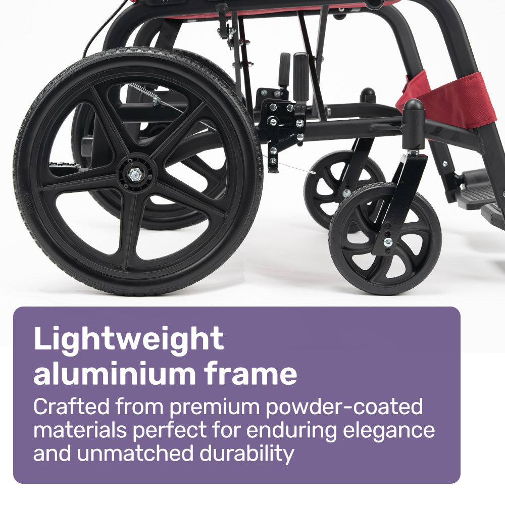 Equipmed Folding Transit Wheelchair, Lightweight Aluminium for Easy Transport, Crimson Red