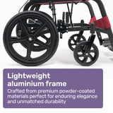 Equipmed Folding Transit Wheelchair, Lightweight Aluminium for Easy Transport, Crimson Red - Front View