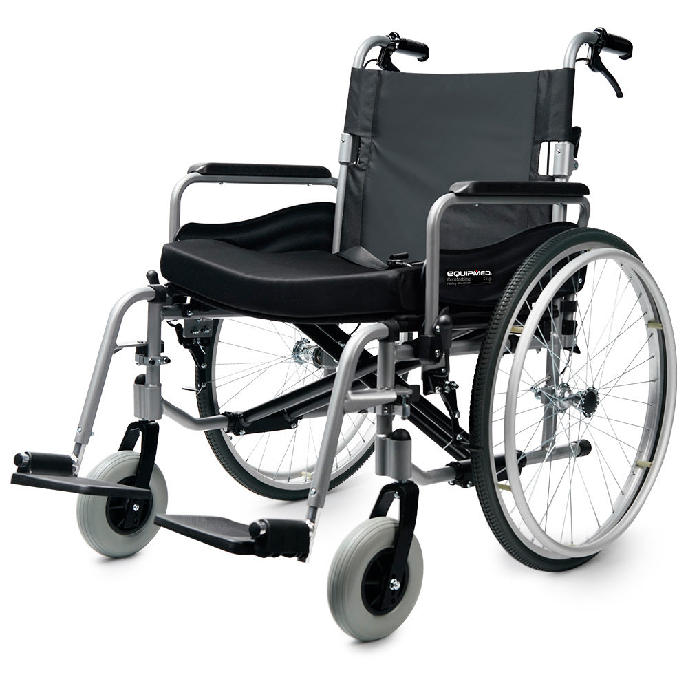EQUIPMED Folding Wheelchair XXL Extra-Wide Bariatric Seat , Aluminium Frame, 150kg Capacity, 24 Inch Wheels, Park Brakes, Black
