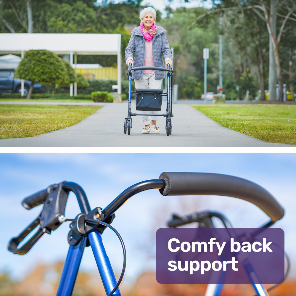 EQUIPMED 4 Wheel Lightweight Rollator Walker, Aluminium Frame, Seat, Carry Bag, for Seniors, Blue