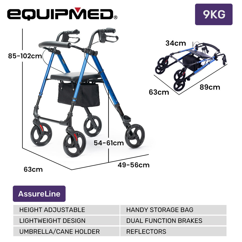 EQUIPMED 4 Wheel Lightweight Rollator Walker, Aluminium Frame, Seat, Carry Bag, for Seniors, Blue