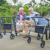 EQUIPMED 4 Wheel Lightweight Rollator Walker, Aluminium Frame, Seat, Carry Bag, for Seniors, Blue - Side View