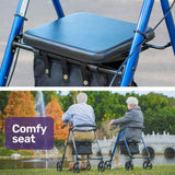 EQUIPMED 4 Wheel Lightweight Rollator Walker, Aluminium Frame, Seat, Carry Bag, for Seniors, Blue - Low Angle