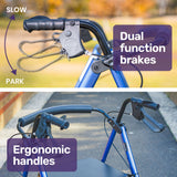 EQUIPMED 4 Wheel Lightweight Rollator Walker, Aluminium Frame, Seat, Carry Bag, for Seniors, Blue - 45-Degree Angle