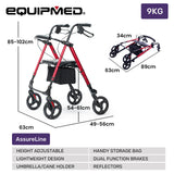 EQUIPMED 4 Wheel Lightweight Rollator Walker, Aluminium Frame, Seat, Carry Bag, for Seniors, Red - Rear View