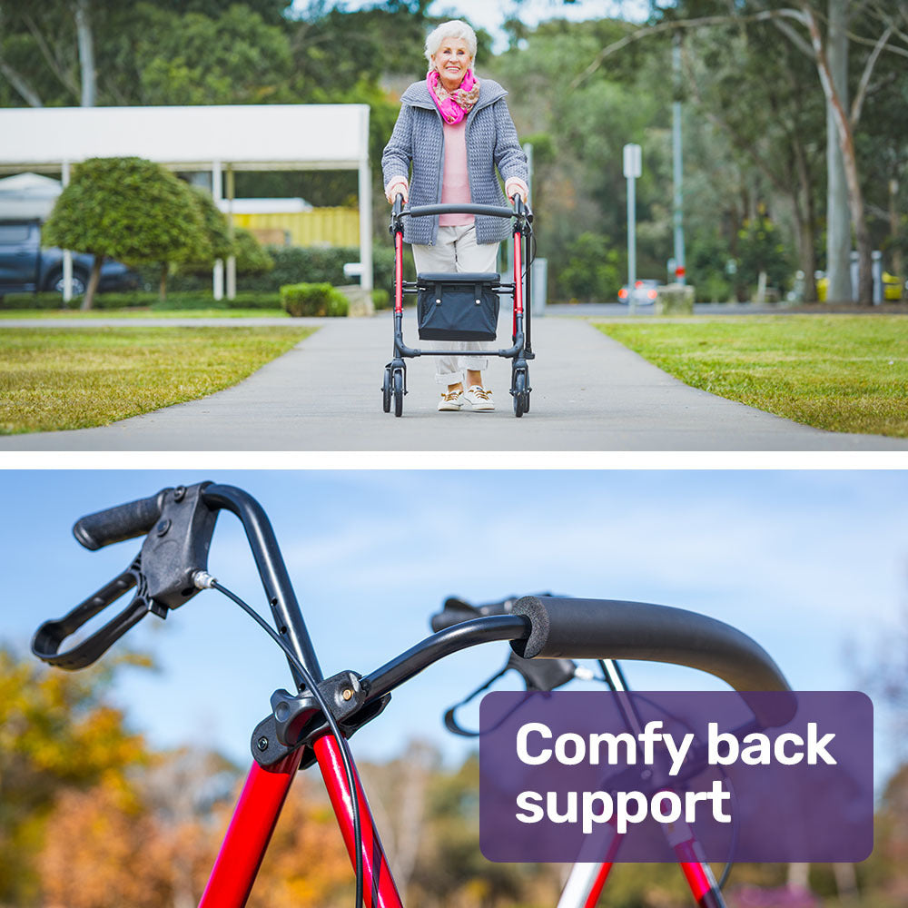 EQUIPMED 4 Wheel Lightweight Rollator Walker, Aluminium Frame, Seat, Carry Bag, for Seniors, Red