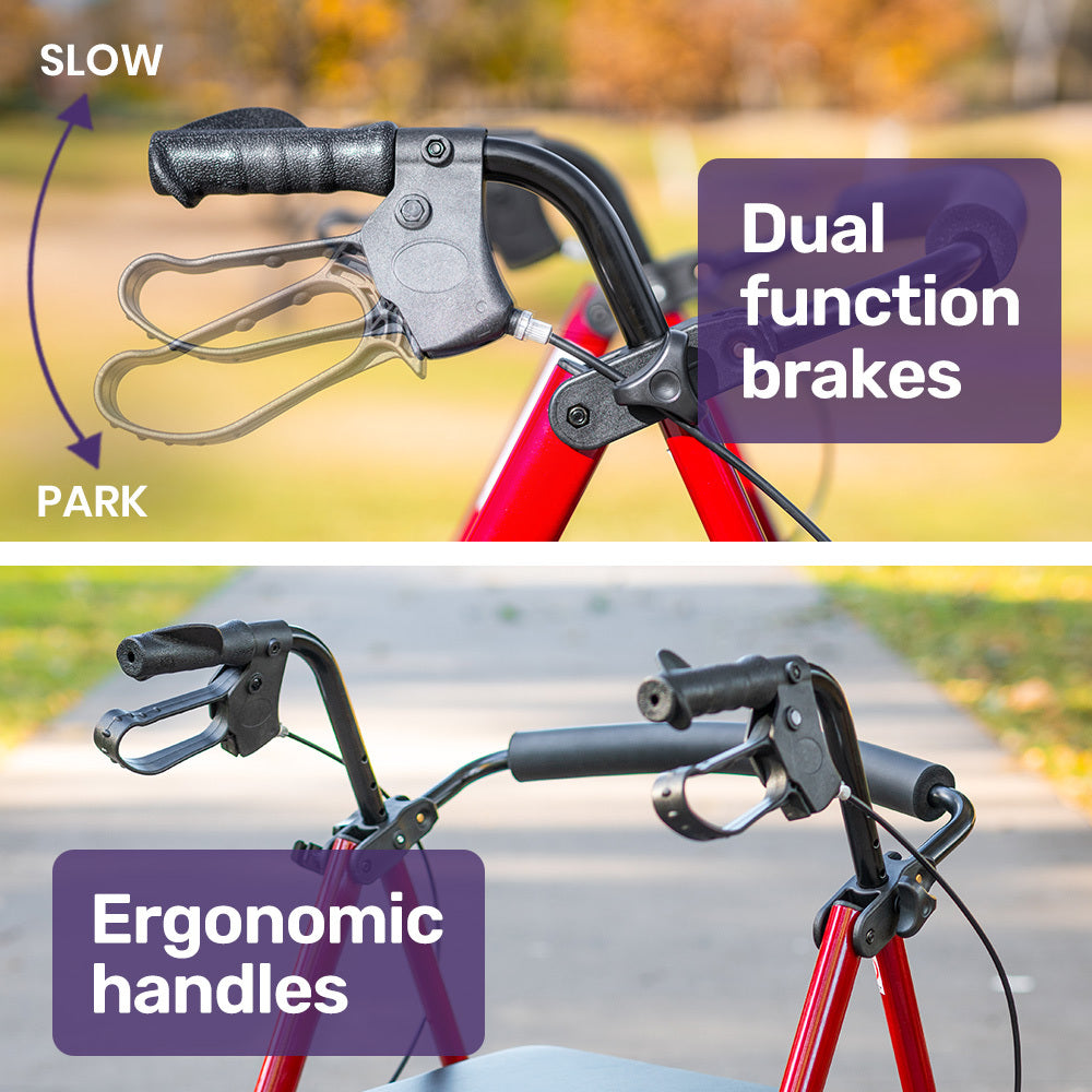 EQUIPMED 4 Wheel Lightweight Rollator Walker, Aluminium Frame, Seat, Carry Bag, for Seniors, Red