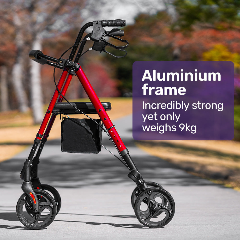 EQUIPMED 4 Wheel Lightweight Rollator Walker, Aluminium Frame, Seat, Carry Bag, for Seniors, Red