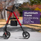 EQUIPMED 4 Wheel Lightweight Rollator Walker, Aluminium Frame, Seat, Carry Bag, for Seniors, Red - Front View