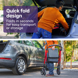 EQUIPMED 4 Wheel Lightweight Rollator Walker, Aluminium Frame, Seat, Carry Bag, for Seniors, Red - Side View