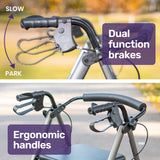 EQUIPMED 4 Wheel Lightweight Rollator Walker, Aluminium Frame, Seat, Carry Bag, for Seniors, Titanium Style - 45-Degree Angle