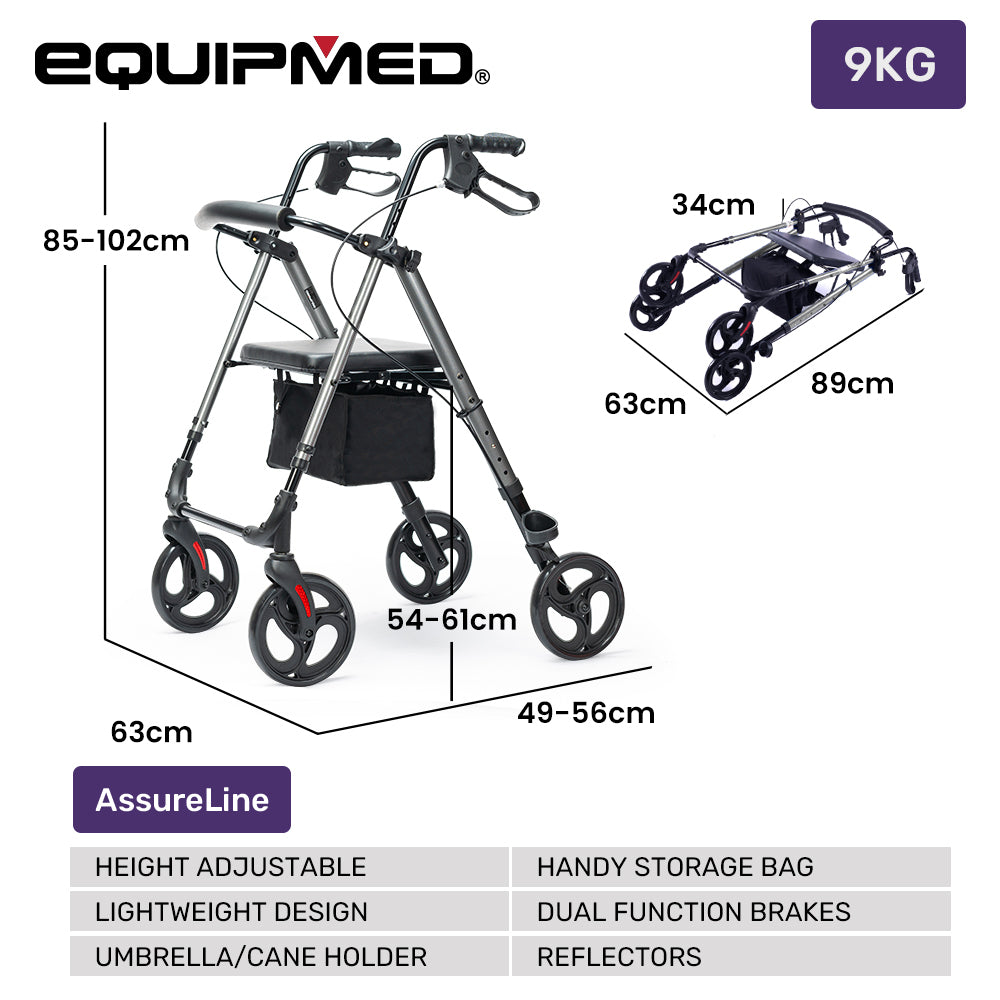 EQUIPMED 4 Wheel Lightweight Rollator Walker, Aluminium Frame, Seat, Carry Bag, for Seniors, Titanium Style