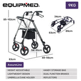 EQUIPMED 4 Wheel Lightweight Rollator Walker, Aluminium Frame, Seat, Carry Bag, for Seniors, Titanium Style - Rear View