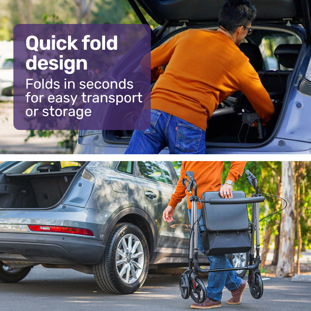 EQUIPMED 4 Wheel Lightweight Rollator Walker, Aluminium Frame, Seat, Carry Bag, for Seniors, Titanium Style