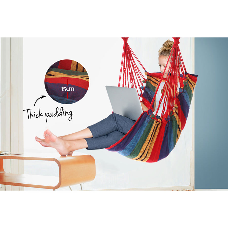 Gardeon Hammock Chair Outdoor Camping Hanging Hammocks Cushion Pillow Rainbow, image 6