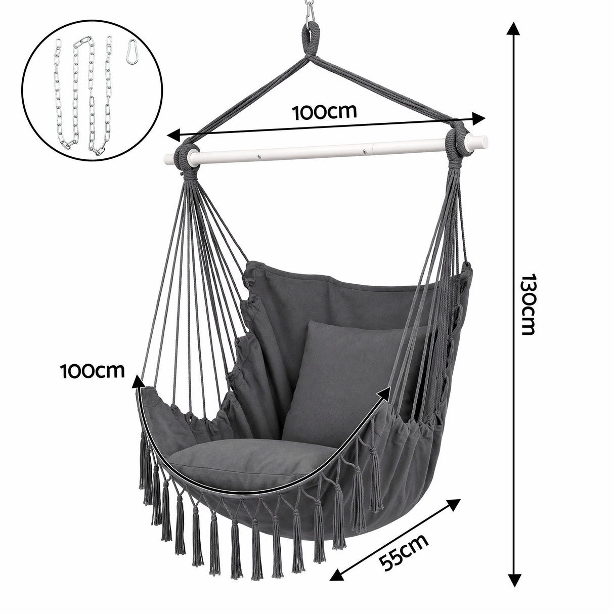 Gardeon Hammock Chair Camping Macrame Hanging Swing Cushions Metal Bar Grey