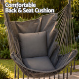 Gardeon Hammock Chair Camping Macrame Hanging Swing Cushions Metal Bar Grey - Rear View