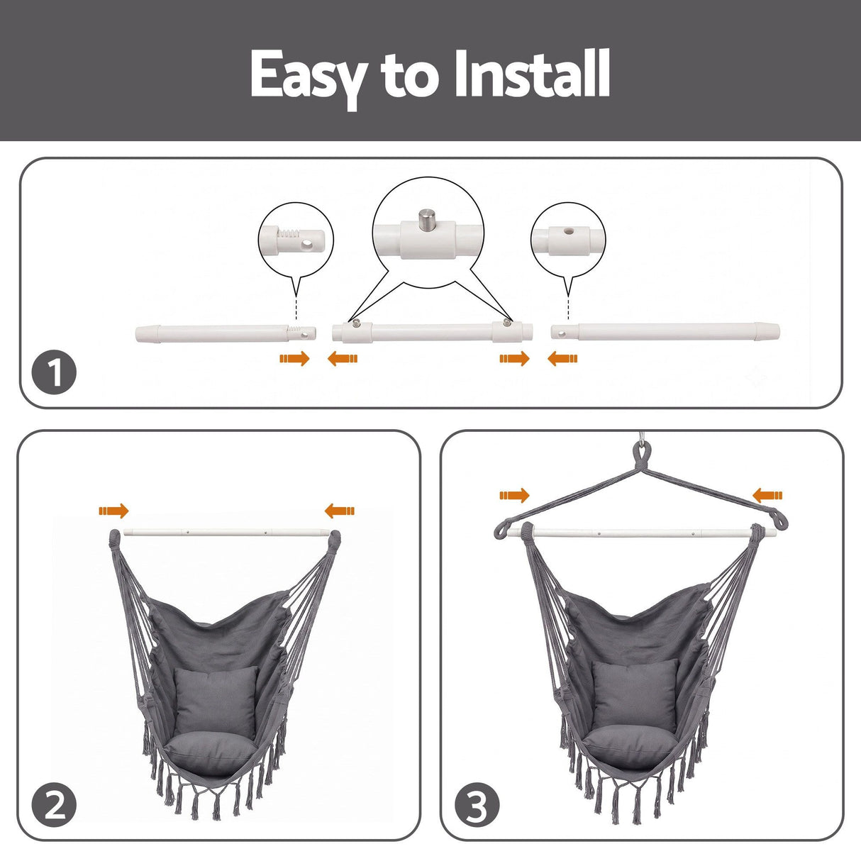 Gardeon Hammock Chair Camping Macrame Hanging Swing Cushions Metal Bar Grey
