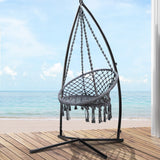 Gardeon Hammock Chair with Steel Stand Macrame Outdoor Swinging Grey - Low Angle
