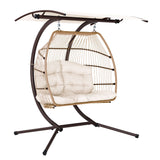 Gardeon Outdoor Egg Swing Chair Wicker Furniture Pod Stand Canopy 2 Seater Latte - Close-Up Angle